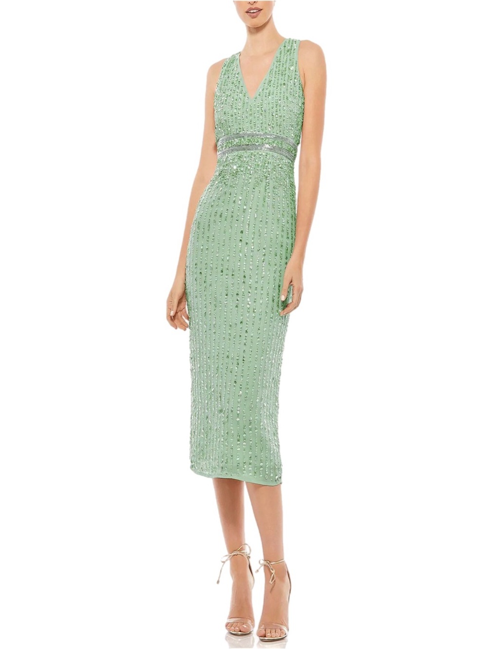 NWT Mac Duggal Sage Green Sleeveless V-Neck Sequin Beaded Midi Cocktail Dress 4